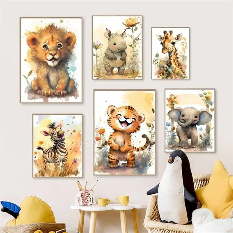Baby Nursery Pictures - Watercolor Lion Giraffe Tiger Elephant Zebra
